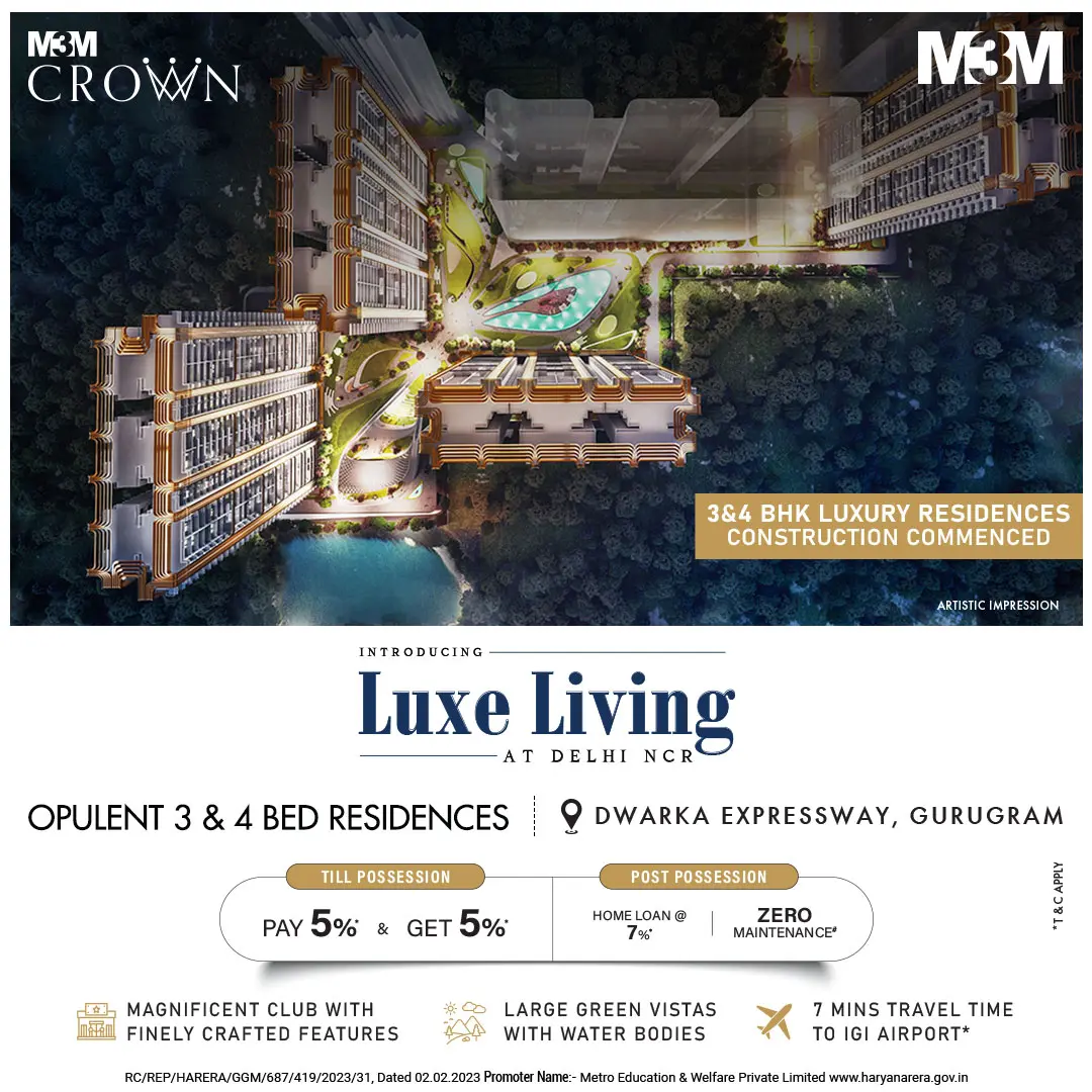 M3M Crown township aerial render at dusk