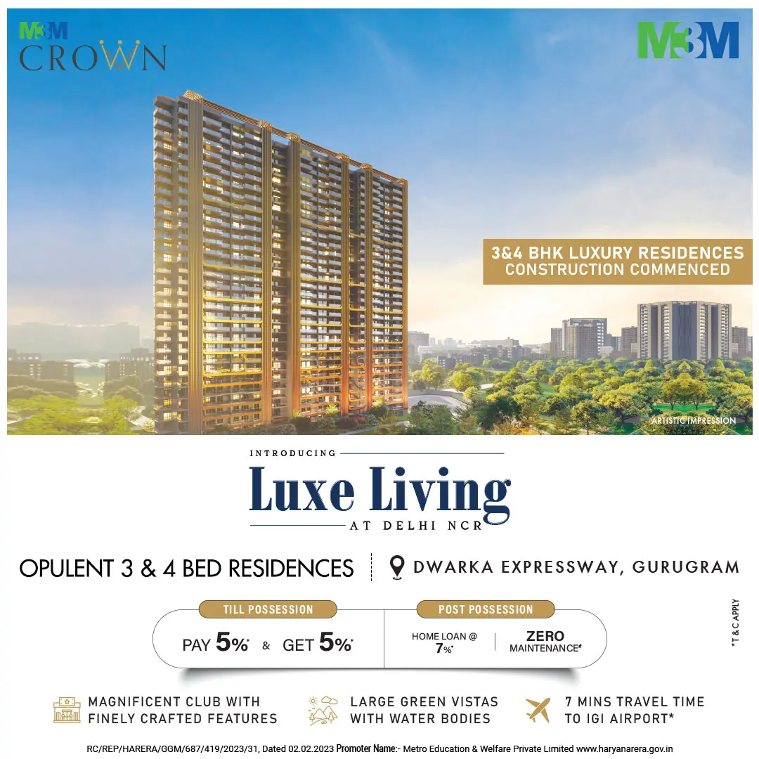 M3M Crown tower facade with skyline backdrop